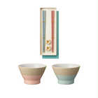 BRUNO 名入れ ペア茶碗（美濃焼） & ペア箸（若狭塗） & 箸置き ギフトセット[食洗機対応] | ＜茶碗＞（A）ピンク×（B）グリーン＜お箸＞ピンクブルーセット