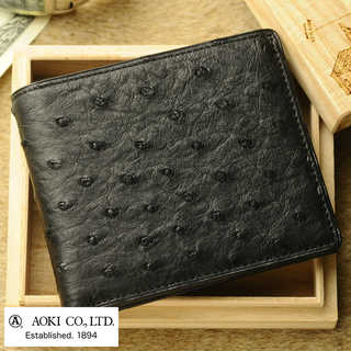 青木鞄 二つ折り財布 小銭入れなし Luggage AOKI 1894 Ostrich ブラック