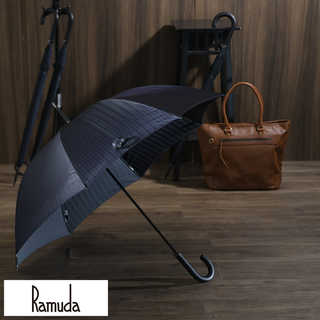 Ramuda メンズ 傘 65cm 甲州織 ジャガード ヘリンボーン ストライプ 8本骨 牛革持ち手 UV加工 高級 雨傘 ビジネス 大人 通勤