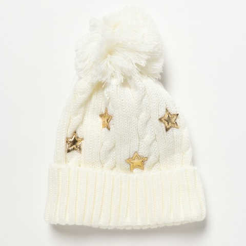 星柄＆ビッグポンポン付きニット帽