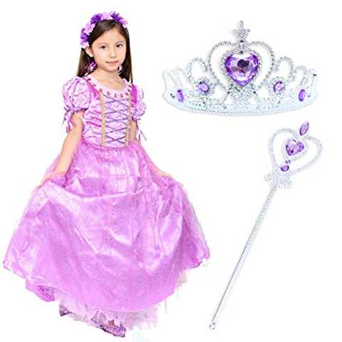 mikketa ラプンツェル 風 ドレス 子供 プリンセス かわいい ちくちくしない コスチューム ハロウィン (ドレス ティアラ ステッキ)( 120 )