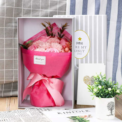 ソープフラワー 石鹸花束(32*20*12.5cm)バラ カーネーション プレゼント クリスマス バレタインダー お誕生日 記念日 結婚お祝い 母の日 カード付き ボックス入り (ピンク)