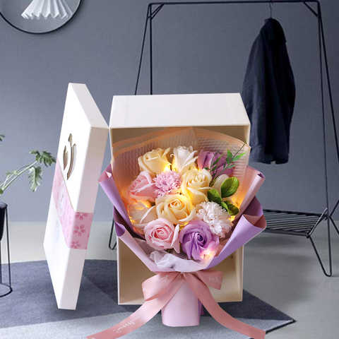 YOBANSA 甘い恋 キャンディブーケ ソープフラワー 七彩の花 造花 枯れない花 ローズギフト バラ 花束 成人式、バレンタインデー、雛祭り、ホワイトデー 誕生日 女性 プレゼント 結婚記念日・発表会・送別会・入学式・卒業式お祝い ギフトボークス カード付き(LED七色)