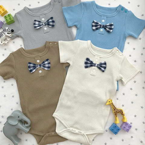 リボン付き 半袖リブロンパース