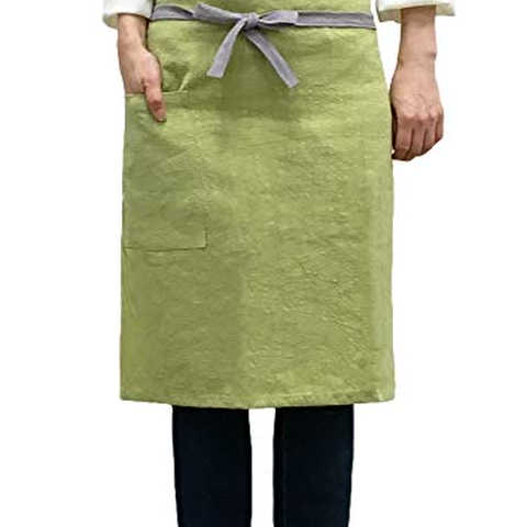 TDB リネン 麻 カフェエプロン ミドル ギャルソン 男女兼用 ユニセックス 無地 シンプル 05.グリーン ckw-0005-f-grn01