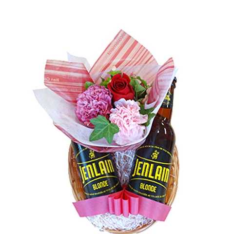 お祝い 結婚祝い 結婚記念日 誕生日【ビールとお花のギフトセット】フランス産 クラフトビール 2本セット ブラッセリー・デュイク「ジャンラン・ブロンド」330ml／生花 花束 バラ カーネーション バスケット入り【ギフト】贈答用 贈り物 プレゼント