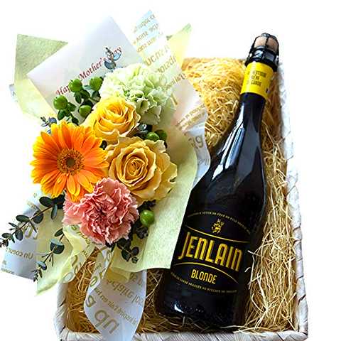 お祝い 結婚祝い 結婚記念日 誕生日【ビールとお花のギフトセット】フランス産 クラフトビール ブラッセリー・デュイク「ジャンラン・ブロンド」750ml／生花 花束 バラ カーネーション ガーベラ バスケット入り【ギフト】贈答用 贈り物 プレゼント