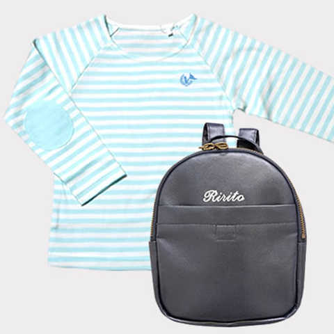 シェリロングスリーブTシャツ ブルー（80・90cm）+レザーベビーリュック