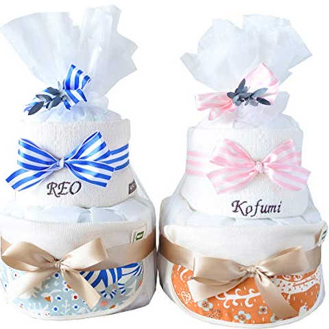 出産祝い おむつケーキ GOTS認証 北欧 オーガニック 今治 タオル 名入れ おしゃれ (S, スモーキーブルー柄)