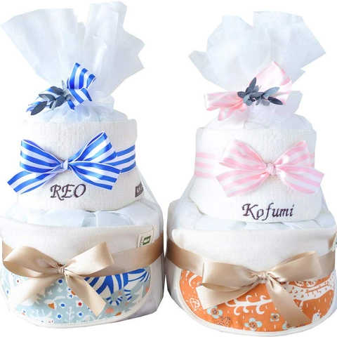 出産祝い おむつケーキ GOTS認証 北欧 オーガニック 今治 タオル 名入れ おしゃれ (M, スモーキーブルー柄) 