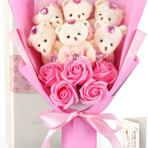 FAUHAL ソープフラワー 香り造花 母の日 石鹸花束 (くまのぬいぐるみ6匹,ローズ5輪) プレゼント 女性/人気 ギフト/誕生日/入学/装飾用 メッセージカード付き