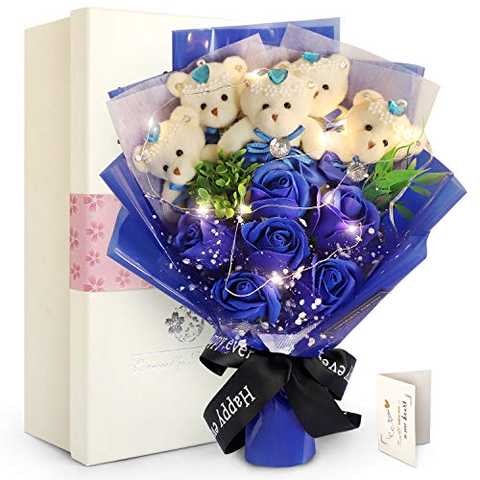 FAUHAL  LEDライト付き ソープフラワー 石鹸花 バラ 造花 花束 くま束 枯れない花 ぬいぐるみ(ベア5匹、ローズ6輪) 誕生日プレゼントデート用 お礼用 ギフトボックス、メーセージカード付き