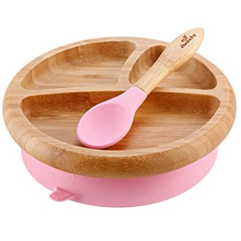 Smart Start Avanchy アヴァンシー ひっくり返らない 竹食器 プレート 吸盤・スプーン付き ピンク