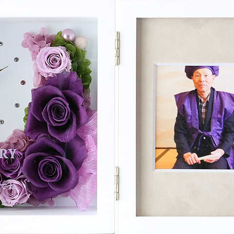 [フレンドアートNEXT] 大輪ムーン プリザーブドフラワー バラ フォトフレーム 写真立て (名入れ) 枯れない花 プレゼント [全12色] ブック型 ホワイト×パープル [大輪ムーン]