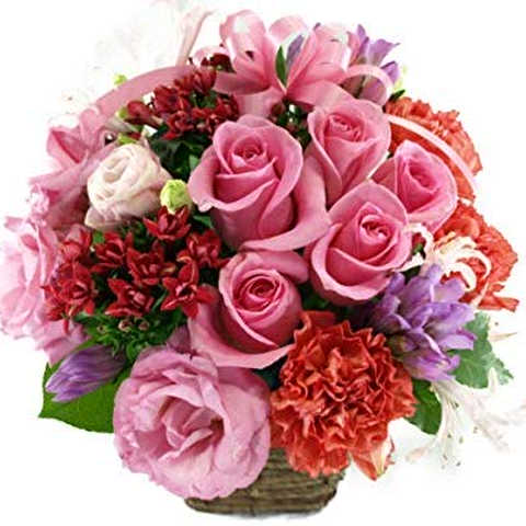 ５本のバラと季節のお花のリボンアレンジメント