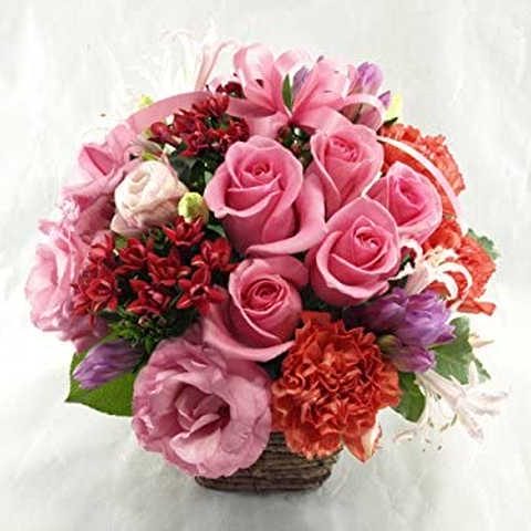 ５本のバラと季節のお花のリボンアレンジメント