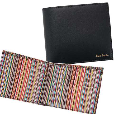 メンズ二つ折り財布 ブラック/マルチストライプ