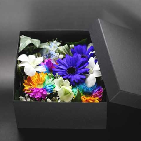 レインボーガーベラ3と青いガーベラ2のBOXアレンジ