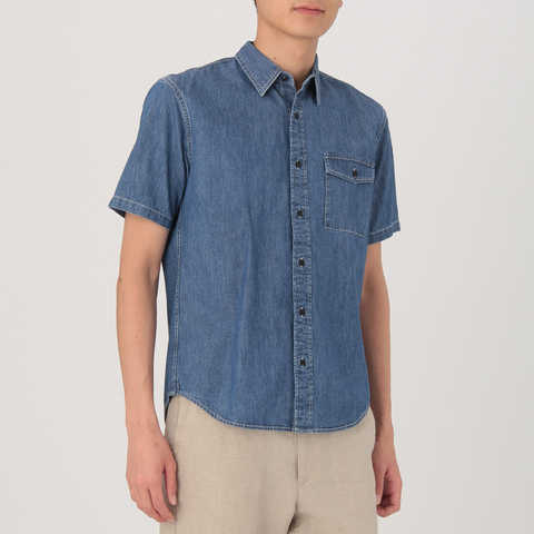 オーガニックコットンインディゴデニム半袖シャツ　紳士Ｓ・ブルー
