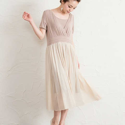 チュールレース切り替え 半袖授乳ワンピース