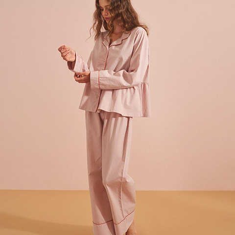 ストライプコットンサテンシャツパジャマ レディース