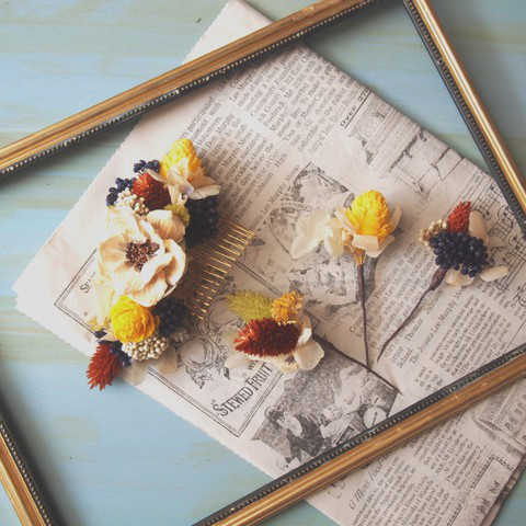 navy×orange プリザーブドフラワーのヘッドドレス