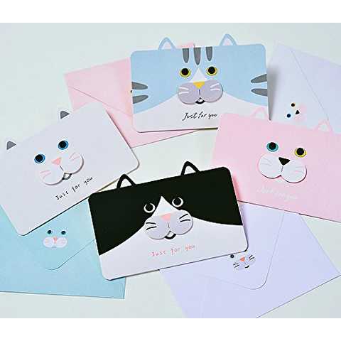 (moin moin) メッセージ カード バースデーカード ぷっくりお口 猫 ねこ 猫型 フェイス カード + 封筒 4種セット ( ブラック×ホワイト / シロネコ / ピンク / ブルー×ホワイト / )