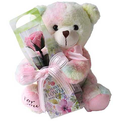 プリザーブドフラワー (ギフトラッピング付き/虹色クマさんと一輪の薔薇/ピンク) プレゼント お祝い [ 記念日 誕生日 ] アレンジ