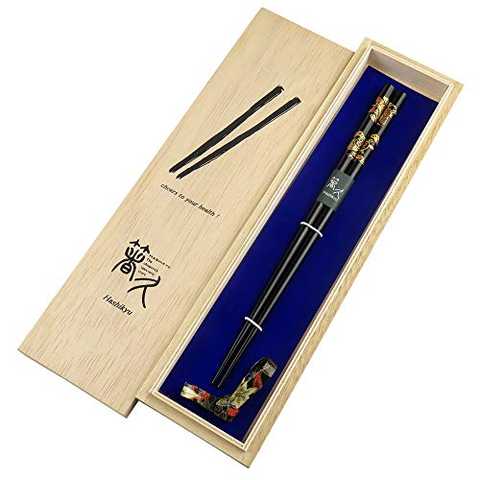輪島うるし箸 鶴亀 黒（22.5cm）結び箸置き 木箱セット 天然木 縁起の良い鶴と亀を蒔絵で描いたお箸の特別セットです お箸 プレゼント 贈り物 お返し 本格