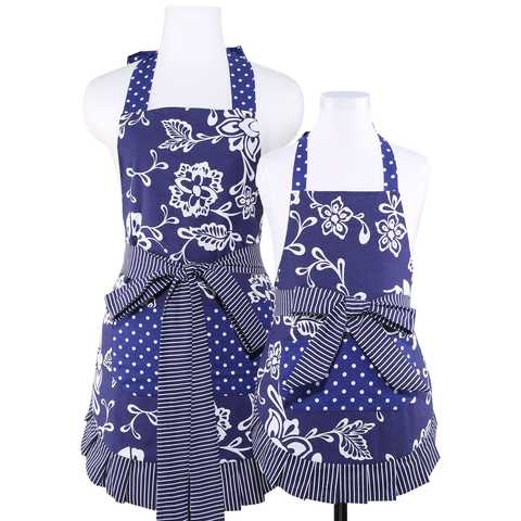 Neoviva［Kathy］レトロ花柄ママ&キッズ親子エプロンセット (ブルー) 新居お祝い プレゼント ギフト 可愛いエプロンセット 母と娘