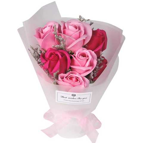 ソープフラワー 花束 花プレゼント 女性 ギフト 誕生日 結婚記念日 卒業祝い 昇進 退職祝いなど 枯れない花 フラワーアレンジメント 造花 メッセージカード付き（ピンク）